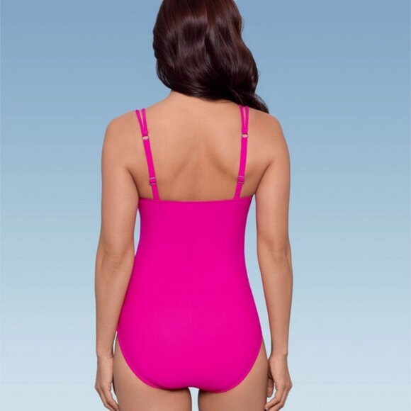 Women's UPF 50 V-Neck Shirred One Piece Swimsuit - Aqua Green Pink L - Picture 3 of 6